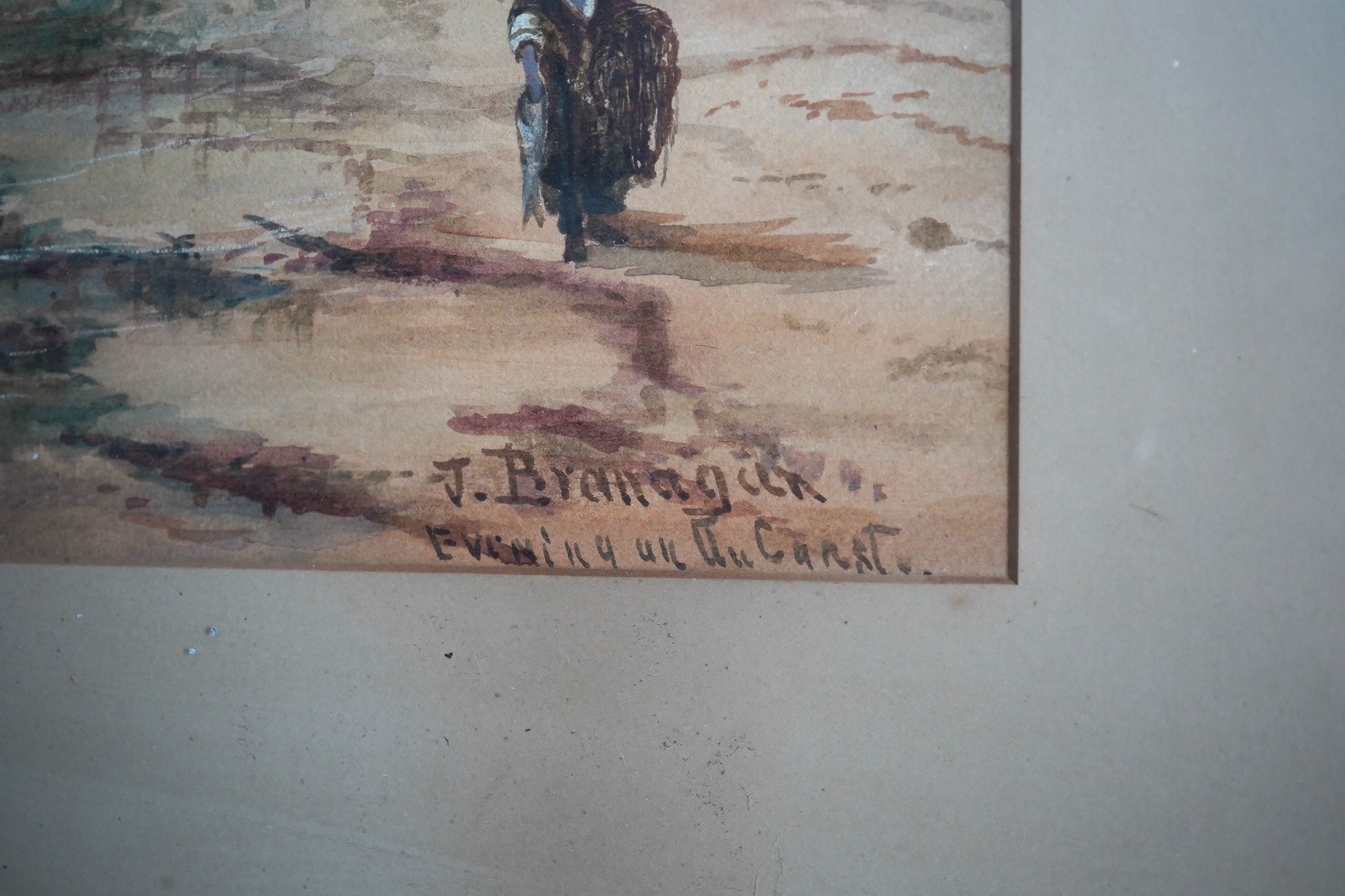 J. Branagan, (19th. C), watercolour, Evening coastal view with fishing boats, signed, 44 x 66cm, gilt frame. Condition - poor